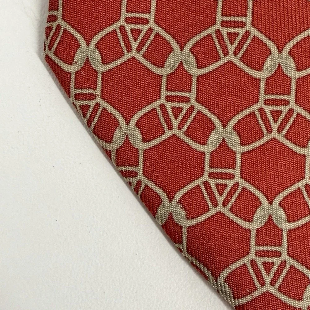Hermes Men's Tie Geometric Chain Links Red & Khaki Silk 7075 OA 3